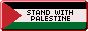 A pixelated badge with the palestinian flag reading 'Stand with Palestine'. The badge was made by Hillhouse.neocities.org and links to an informative website about Palestine.