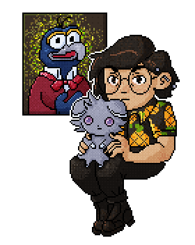 A sticker-style pixel illustration of me, a dark haired person with round glasses. They are wearing a pineapple shirt, black pants and black boots. They are holding an espurr on their lap, a grey cat-like pokemon who has the same neutral expression as the person. Behind them is a painting of Gonzo, the muppet, who is smiling.