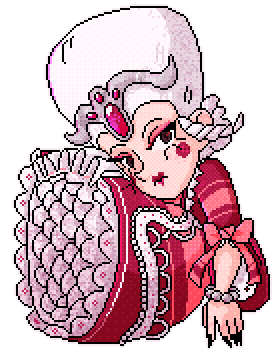 A sticker-style pixel illustration of Cici, a human woman in a 1700's style pink ballgown with a lot of lace. She has her hair up in a rococo style hairdo, with a tiara with red jewels. She is balled up and looks at the viewer with a neutral expression.