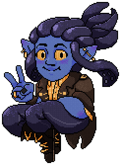 A sticker-style pixel illustration of Luppy, a blue alien with dark blue tentacles for hair and yellow eyes. She is wearing a long leather jacket with gold accents, a yellow shirt, jeans and ranger boots. She is smiling at the viewer and doing the V peace sign.